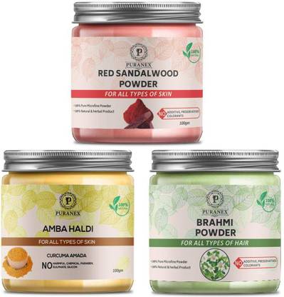 puranex 100% Natural & Pure Red Sandal Wood Powder For Soft, Pimple free, Glowing & Shiny Skin & Amba Haldi Powder For Fairness, Remove Acne & Boils, Remove Scars, Keeps Away Wrinkles & Brahmi Powder For Natural Texture, Strong, Shiny, Spilt ends & Dandruff Free Hair (Face Pack & Hair Pack for Men & Women) 300 GM (Pack of 3) 100 GM Each