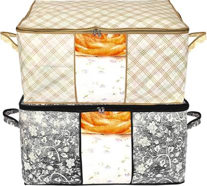 KUBER INDUSTRIES Designer Metalic Flower,Checkered Print Non Woven 2 Pieces Underbed Storage Bag,Cloth Organiser,Blanket Cover with Transparent Window (Black & Ivory)-34_S_KUBMART16629 34_S_KUBMART016629