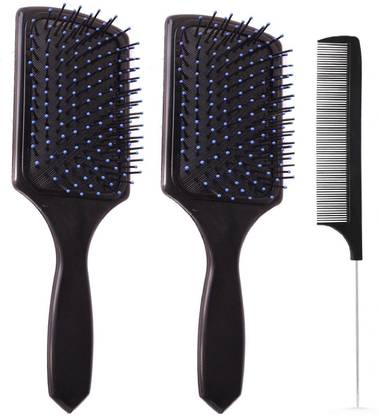 E-DUNIA Professional Smart Look Big Hair Paddle Rectangular Cushion Brush (2) & Black Carbon Rat tail , Sectioning comb with Steel Handle with Non-skid Paddle for hair styling (1) [ Pack Of 3 ]