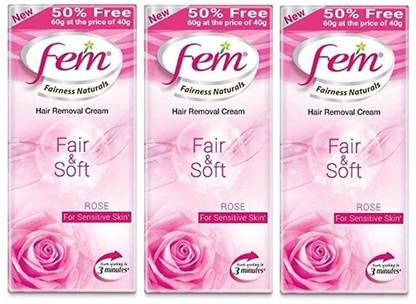 Fem Hair Removal Cream Fair and Soft Rose For Sensitive Skin 3 x 40g+20g Packs Packs Cream