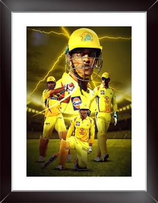 MS Dhoni Wall Poster With Framed For Home And office Décor Print on Special I-Very Paper (Size 13.5 Inch X 10.5 Inch, Framed) Multicolor Paper Print