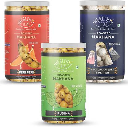 Healthy Treat Roasted Makhana Combo - Peri Peri + Pudina + Himalayan Salt & Black Pepper, 70 g Each, 210 g | Gluten Free | Vegan | Healthy Snacks