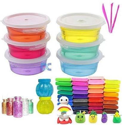 FC 2 Slime Pot,6 Crystal Slime and 60 Air Dry Clay Combo with Free Glitter & Tools Art Clay