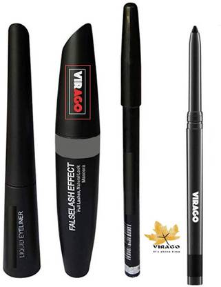 Virago it's shine time BLACK SMUDGE AND WATERPROOF LIQUID EYELINER, PROFESSIONAL MASCARA AND HIGH QUALITY Z BLACK EYEBROW PENCIL WITH LONG LASTING ADS KAJAL