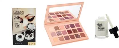 Vedy NUDE EYESHADOW PALETTE 18 COLOR MAKEUP PALETTE HIGHLIGHTERS EYE MAKEUP HIGH PIGMEN PROFESSIONAL MATTES AND SHIMMERS (NUDE) , EYEBROW &GEL EYELINER 2 IN 1, EYE MAKEUP, BLACK-01, 7G AND High Beam Liquid Silver Highlighter  (Silver)