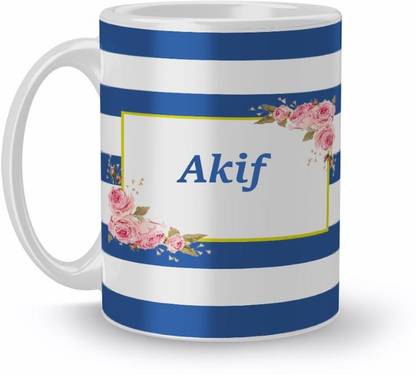 Beautum Name Akif Blue Stripes Pattern Printed Multicolor Ceramic (350)ml Model No:NVS746 Ceramic Coffee Mug