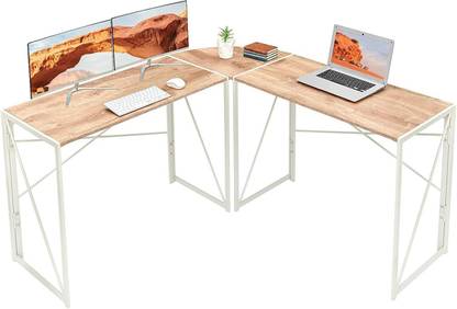 PRITI Corner Desk Folding Table Writing Computer Desk L-Shaped Home Office Desk Industrial Study Table, Oak White Engineered Wood Office Table