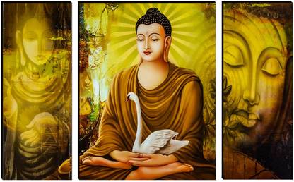 Indianara 3 PC SET OF GAUTAM BUDDHA AND A SWAN MDF PAINTING (3484 FL) WITHOUT GLASS Digital Reprint 12 inch x 18 inch Painting