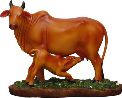 Sri Krishna Culture Medium Standing Cow & Calf With Stage-Brown Colour-Gau Mata Murti/Sacred Cow Hindu-(Height-10")-Polyster Resin-Black Decorative Showpiece  -  25.3 cm