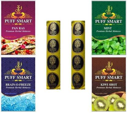 Puff Smart Pan Ras, Mint, Brain-o- Freeze, Kiwi Shot with 2 Quick Light Magic Hookah Charcoals