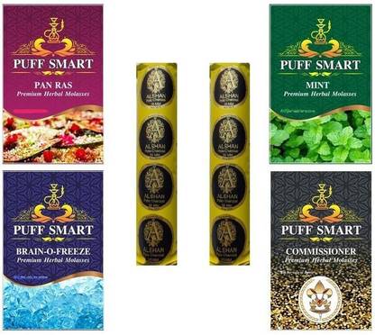Puff Smart Pan Ras, Mint, Brain-o- Freeze, Commissioner with 2 Polo Quick Light Charcoal (20 disk) Hookah Charcoals