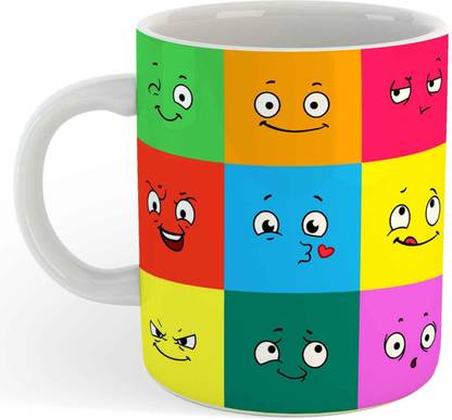 BuyAmaze Cute Kawaii Happy Faces Emoticons Set Funny with Emoji Squares Ceramic Coffee Mug