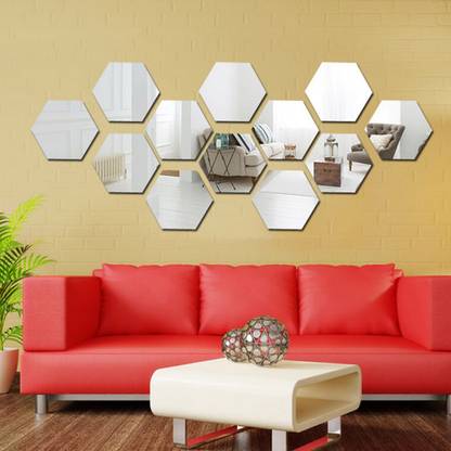 wall1ders 120 cm 12 Hexagon Silver (Size 10.5 x 12.1) 3D Acrylic Stickers, 3D Acrylic Mirror Wall Stickers for Living Room, Hall, Bed Room & Home (Pack of 12) Self Adhesive Sticker