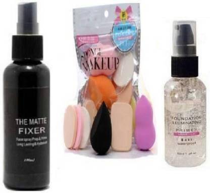 Trivety Makeup Face prep prime + Matte Fixer Spray with combo of soft multisize blender puff/sponges .