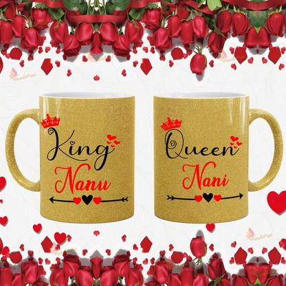 TrendoPrint King Nanu Queen Nani Ideal And Sweet Gift And Return Gift Choice For Nanu Grandfather And Grandpa Nana Ji And Father Papa And Mother Grandmother And Grandma Mom And Mummy Nani Ji Printed Golden Tea Ceramic Coffee Mug