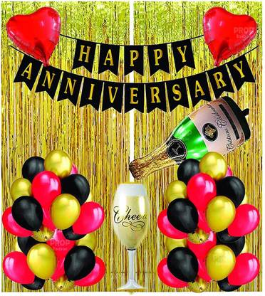 NVRV HAPPY ANNIVERSARY DECORATION ITEMS COMBO GOLD FOIL CURTAINS, 30 METALLIC BALLOONS , ANNIVERSARY BANNER BLACK , 2 RED HEART FOIL BALLOONS, CHAMPAGNE BOTTLE XTRA LARGE + WINE GLASS BALLOONS KIT