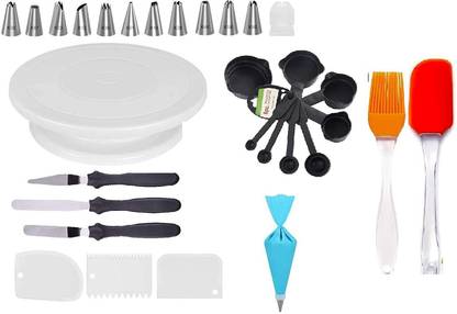 H&M Store Cake Decorating Kits, 1 Cake Turntable, 3 Icing Spatula, 3 Icing Smoother, 1 Piping Bag, 12 nozzles, 1 Set Brush Spatula, 8 pc Measuring Cup & Spoons, Baking Combo, Baking Set, Cake Making Material (Multicolor, Pack of 30) Kitchen Tool Set
