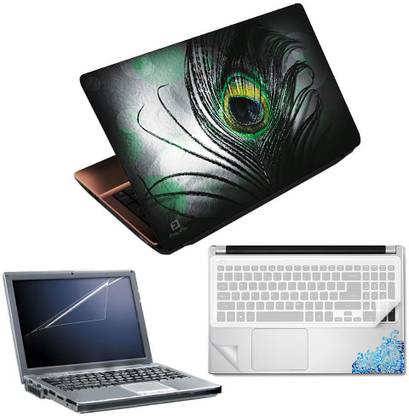 FineArts Silver Black Feather 4 in 1 Laptop Skin Pack with Screen Guard, Key Protector and Palmrest Skin Combo Set