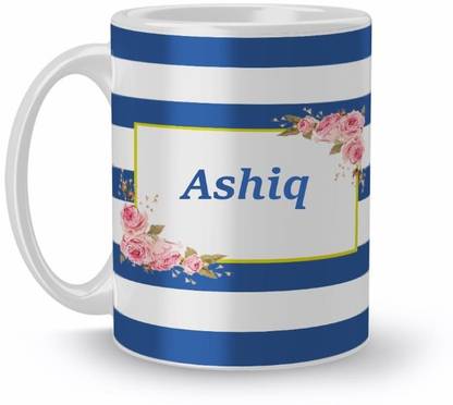 Beautum Name Ashiq Blue Stripes Pattern Printed White Ceramic (350)ml Model No:NVS2279 Ceramic Coffee Mug