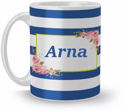 Beautum Name Arna Blue Stripes Pattern Printed White Ceramic (350)ml Model No:NVS2050 Ceramic Coffee Mug