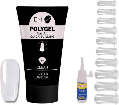 Gleevia EMI Gel Poly Nail Gel Finger Extension Clear Polygels Quick Building Nail Art Tips Extended UV Builder Gel 30ml Pack with Glue & Unbreakable 100 pcs Nail Tips