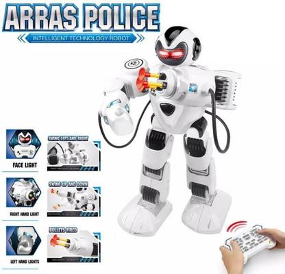 HK ENTERPRISES OFFICIAL Smart Technology Arras Police Robot Walking With Fires Discs,Dances,Talks Super Fun Swing Hands With Shooting Bullets Remote Control Dancing, Smart Talking Robot For Kid (White)