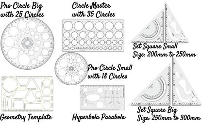 Upyukat Plastic Pro Circle BIG with 25 Circles, Pro Circle SMALL with 18 Circles, Hyperbola- Parabola Template, Geometry Template with 16 shapes, Circle Master with 35 circles, Set Square Small (Size 200mm x 250 mm), Set Square Big (Size 250mm x 300mm) Drafting Scale Ruler Very Useful to Architect, Engineering Students, Office Employee (Set of 5) Ruler