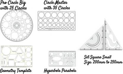Upyukat Plastic Pro Circle BIG with 25 Circles, Hyperbola- Parabola Template, Geometry Template with 16 shapes, Circle Master with 35 circles and Set Square small, size 200mm x250mm Drafting Scale Ruler Very Useful to Architect, Engineering Students, Office Employee (Set of 5) Ruler