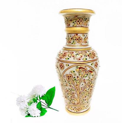 Handicraft Kingdom Handicraft Kingdom White Marble Flower Pots For Home Décoration WITH Flower| Meenakari Hand Painted Showpiece| Designer Round Shape Gold Color Work Vase Stoneware Vase