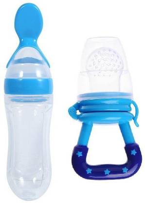 Little Fingers Squeeze Style Bottle Feeder with Dispensing Spoon and Fruit Feeder and Pacifier - Fresh Food Feeder, Infant Teether Nibbler Toys, for Toddlers & Kid- Combo of 2 (Blue) - 90 ml