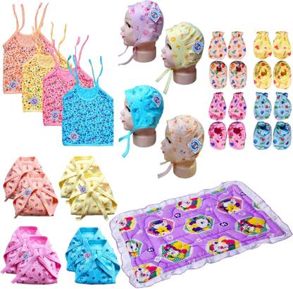 V.B.K Baby Boy and Baby Girl Home Essential Combo Pack / Baby Shower Gift Set, Jhabla (4 Pcs), Nappy (Langot) (8 Pcs), Hand Mittens (4 Pair), Leg Booties (4 Pair), Cap (4 Pcs) and Baby Bed Mattress / Godari / Lacy / Kantha (1 Pcs), Pure Hosiery Soft Fabric, 0 to 6 Months