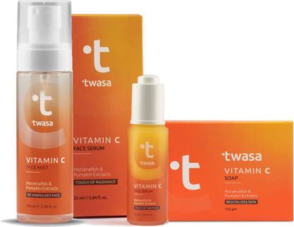 Twasa Vitamin C Gift Box Facial Kit for Him and Her No Paraben, No Sulphate, No Mineral Oil, No Silicones, 100% Vegan, for All Skin Type, Contains Face Serum (25ml), Face Mist (100ml) & Soap (125g)