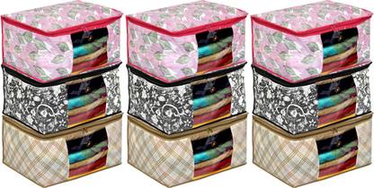 Heart Home Designer Metalic Print 9 Piece Non Woven Fabric Saree Cover Set with Transparent Window, Extra Large (Ivory & Black & Pink)-34_S_HHOME16572 34_S_HHOME016572