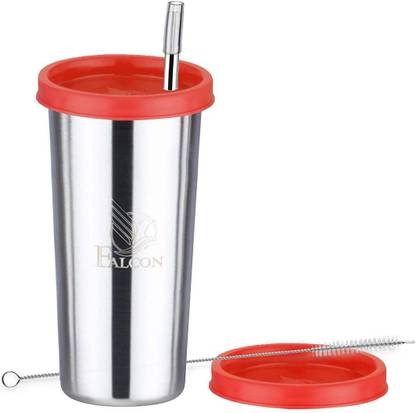 Marwall Lassi Glass With Straw & Extra Travel Lid & Cleaning Brush-Red Glass Water/Juice Glass