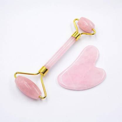 Newvent Rose Facial Massager Roller 1 Pc + Rose Stone Gua Sha Tool 1 Pc Original Rose Quartz Facial Massage Roller with Gua Sha Natural Dual Side Rose Quartz Facial Massage Roller With Gua Sha Massager Tool (Pack of 1 Rose Roller + 1 Rose Gua Sha, Color: Rose) Massager