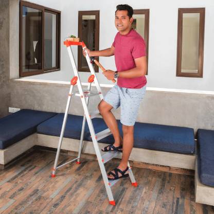 Bathla Elevate 5-Step Foldable Aluminium Ladder for Home with Tool Tray (Orange) Aluminium Ladder