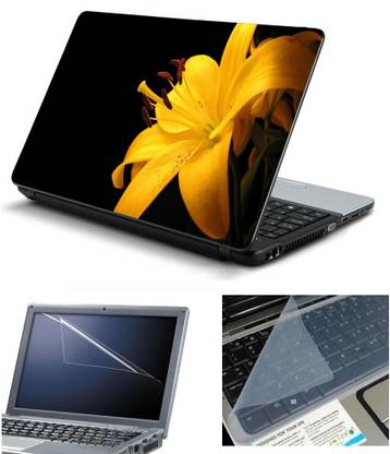 Advik Arts 3in1 Pack of lily yellow flower Laptop Skin Sticker with Screen & Key Guard upto 15.6" inches Combo Set