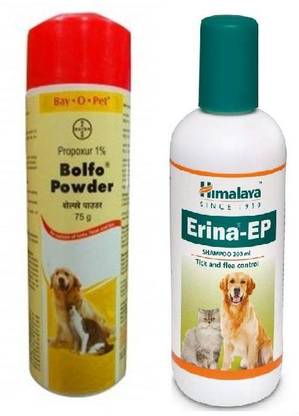 Bolfo Tick And Flea Control Powder 75 Gm & Erina Shampoo 200 ml for Dogs And Cats Pet Spa Kit