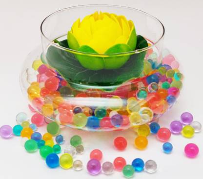 डेकॉरज़ोन Beautiful Round Clear Vase with Floating Yellow Lotus Flower and Multicolour Silicon Jelly Beads मिट्टी के बर्तन वास