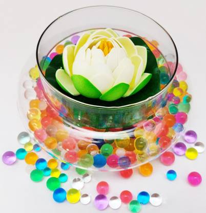 डेकॉरज़ोन Beautiful Round Clear Vase with White Faux Lotus Flower and Multicolour Silicon Jelly Beads मिट्टी के बर्तन वास
