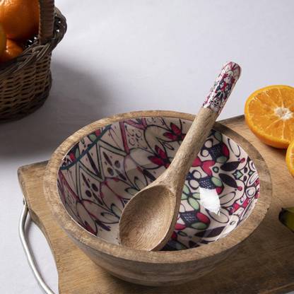 Phirkcraft Wooden Serving Bowl Wooden Snack Serving Bowl Printed Multi-Color Bowl with Spoon- 1 Piece