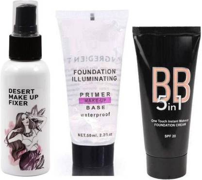 Wiffy BEST EVER FACE TOUCH UP MAKE UP COMBO KIT.THE DESERT MAKE UP FIXER LONG LASTING AND HYDRATING FACE SPRAY. Primer - 100 ml (TRANPARENT) 5 IN 1 BB BLEMISH BALM SPF FORMULATED CREAM FOUNDATION Foundation(60 ML).Foundation ILLuminating Makeup Base Waterproof Primer - 50 ml (Transparent).