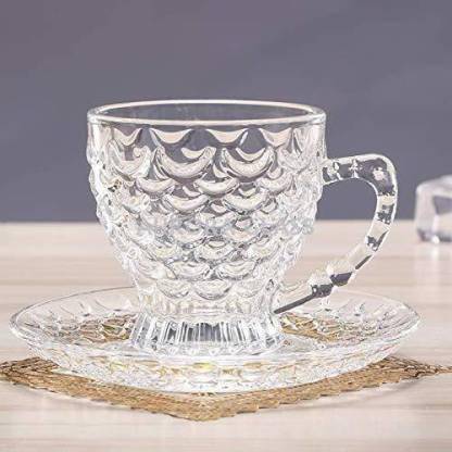 T R Creation Pack of 12 Glass Pack of 12 Glass Fancy Bubble Design Tea and Coffee Cup & Saucer Set of 12 (210 ml, 6-Cup Set & 6-Saucer Set) (Clear)