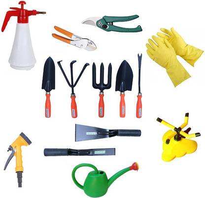 Antier Garden Watering Can For Plants (1.8 Liter ,Green), 5 Pcs Tool Set , Gloves , Four Arms , Cutter With Lock , Flemingo ,Gun Nozzle , 1 Ltr Spray Bottle 1" And 2" Khurpi Garden Tool Kit
