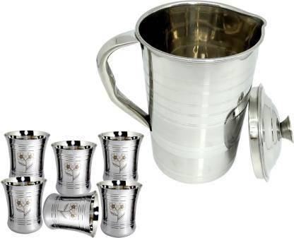 FoodNest 2 Litter Flower Jug Stainless Steel Jug Glass set of 6 Jug Glass Set (Stainless steel) Pack of Seven Jug Glass Set