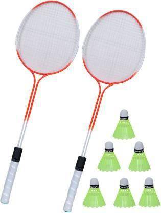 KNK Double Shaft Multicolor Set Of 2 Piece Badminton Racket With 6 Piece Plastic Shuttle Badminton Kit