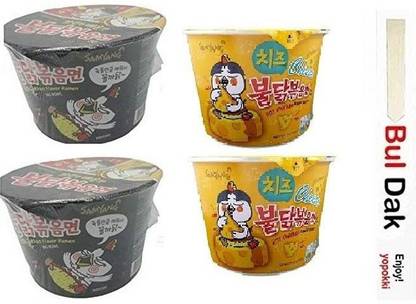 Samyang Big Cheese Bowl & stir fried Flavor Ramen Cup Noodle Soup With Chopstick 105gm*4Pack (Imported) (Pack of 4) Instant Noodles Non-vegetarian