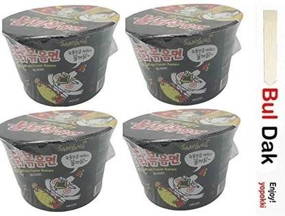 Samyang Big Black Bowl Stir Fried Hot Chicken Flavor Ramen Cup Noodle Soup With Chopstick 105gm*4Pack (Imported) (Pack of 4) Instant Noodles Non-vegetarian