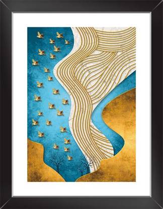 Golden Flying Birds Wall Poster With Framed For Home And office Décor Print on Special Golden Paper (Size 13.5 Inch X 10.5 Inch, Framed) Multicolor Paper Print