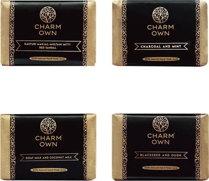 CHARM OWN 100% Natural Handmade Soap | Goat & Coconut Milk, Black Seed, Charcoal, Red Sandal Combo| No Artificial Color | Pack of 4